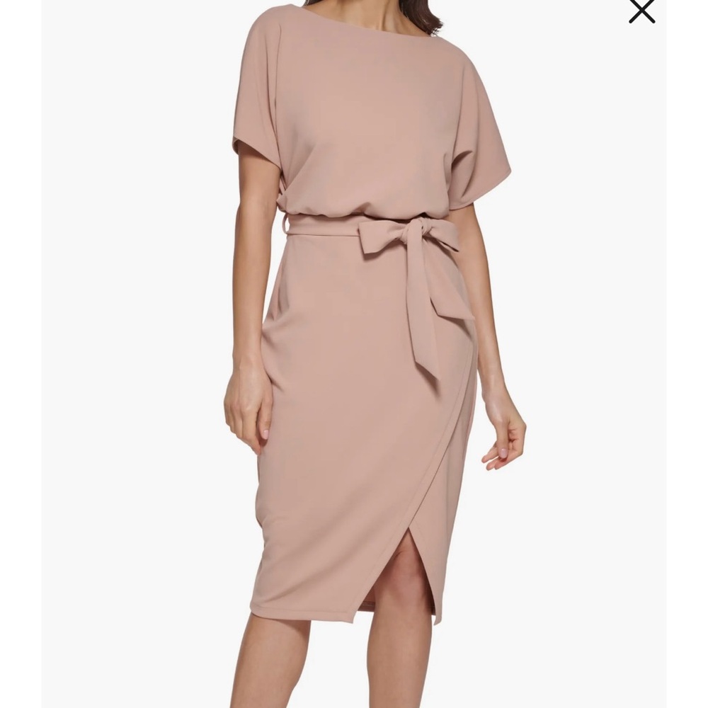 kenzie Blush Taupe Dolman Sleeve Tie-Waist Sheath Dress